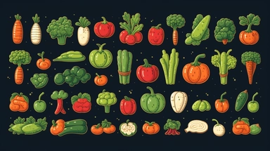 vegetables vector clipart vector vegetables cute animal collection, in the style of #screenshotsaturday, flat areas of color, flat color blocks, 1970–present, rough-edged 2d animation, lightbox, colorful animation stills