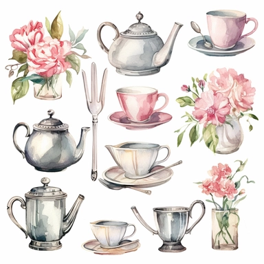 Watercolor vintage silver tea set , illustrations clipart set, simple, soft colors, cartoon elements, different variants, teapot, sugar bowl, jug of milk, , stacked china plates, tongs, china cup and saucer,napkin, stacked teacups, ,silver knife, ,silver fork, ,silver spoon,napkin, place holders, vase of flowers, separate elements with a margin