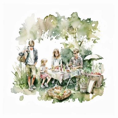 Watercolour family picnic in garden Clipart white background
