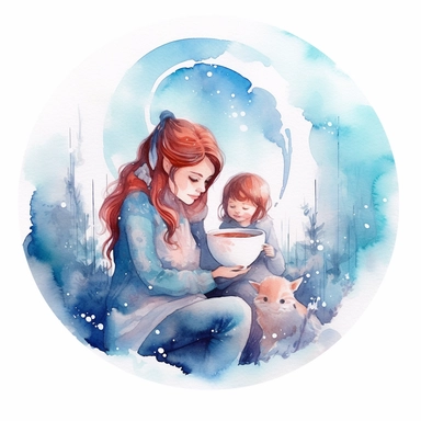 cute adorable drawn circular design watercolor illustration with mom animal and her kid drinking tea together on the white background, adorable, cutem sweet, clipart, highly detailed