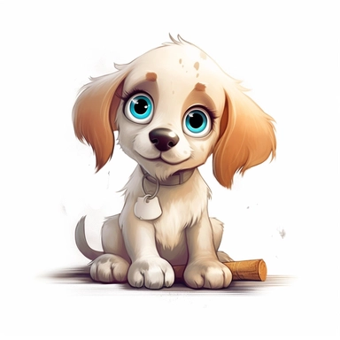 cartoon clipart, wathercolor of art adorably puppy on white background, simple and Adorable little puppy sitting on the ground with a bone in its mouth, big eyes and a friendly expression, cleaning