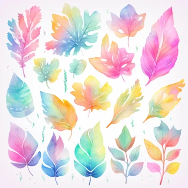soft colorful neon pastel colored big leaves and flowers clipart set, colorful fairy pastel colors watercolor style, plain white background, use of fabric, intricate depth of shading in soft watercolor style, watercolor--v 4