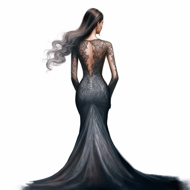 An elegant fashion girl, dressed in a striking Haute Couture mermaid gown with a high-necked lace bodice, is seen from behind, her silhouette accentuated, her face shielded from view. Clipart, color pencil illustration.