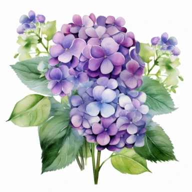 lavender colored hydrangea flowers arrangement with watercolor effect,suitable for digital clipart,white background,green leaves