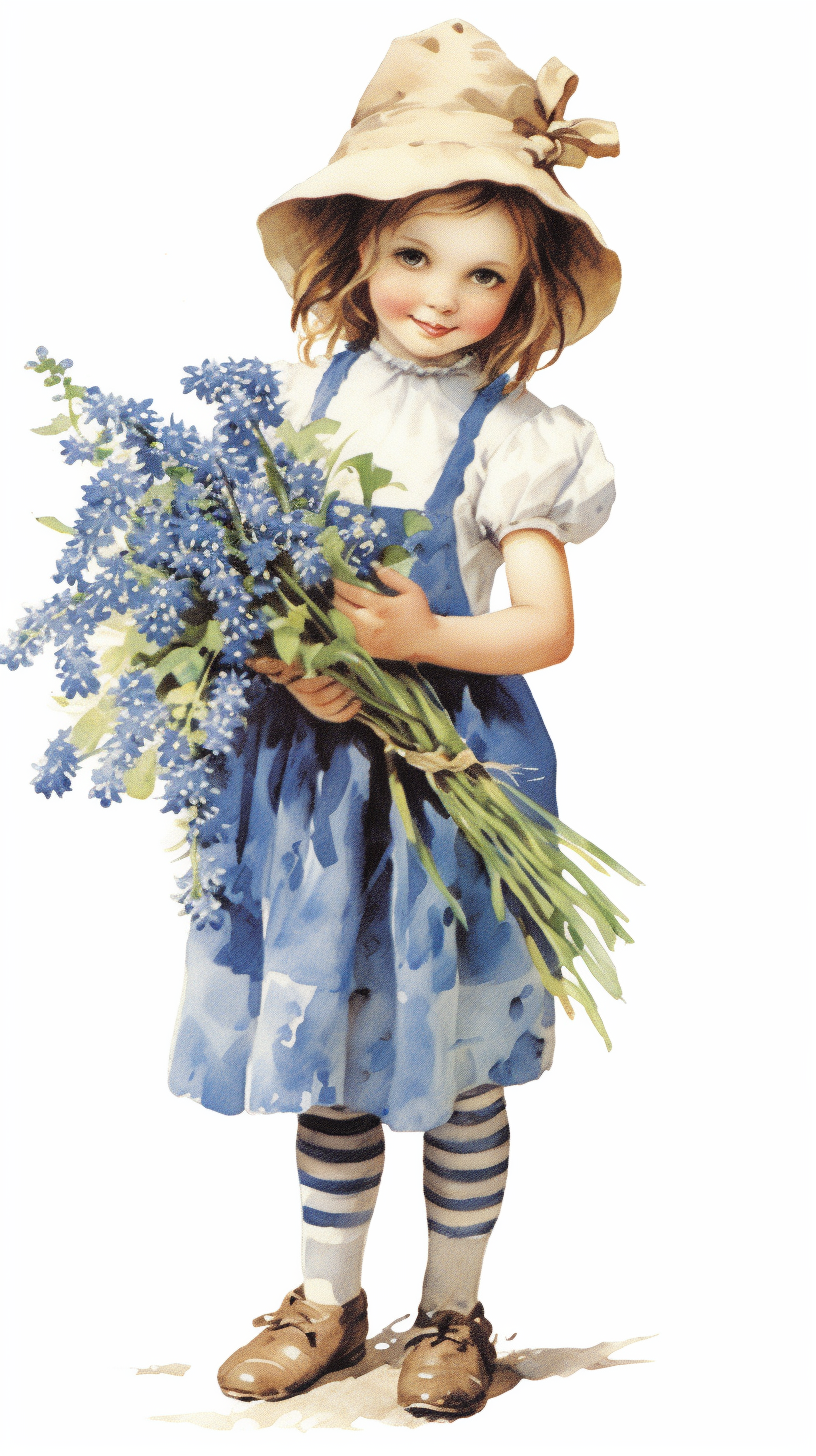 vintage girl holding a bouquet of bluebonnets clipart by holly hobbie ...