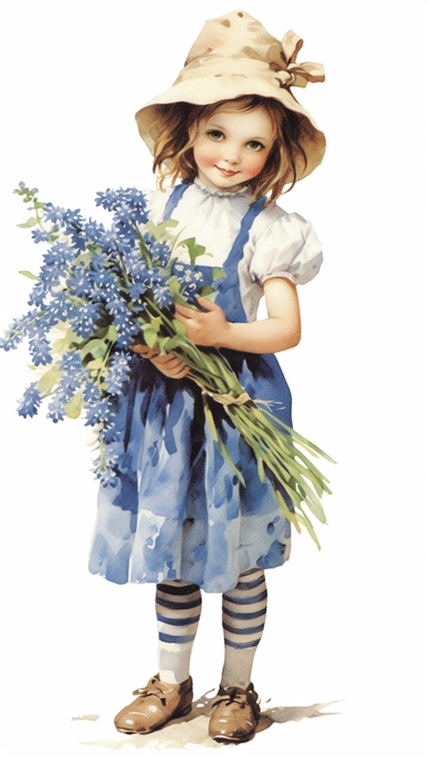 vintage girl holding a bouquet of bluebonnets clipart by holly hobbie