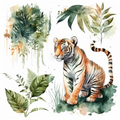 Watercolor sketch of cute vintage tiger, jungle elements, detailed, flat, romantic mood, outline, cozy, warm colors, white background, watercolor, hyperrealism, high detail, isolated elements, set, clipart