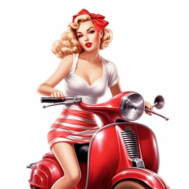 beautiful pretty pin up girl riding Vespa, makeup and hair 50's style, paint art style, detail, clipart, white background, superrealistic, one of a kind