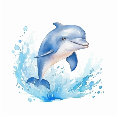 watercolor clipart illustration of a cute dolphin jumping in the ocean, summery beach vibes, white background