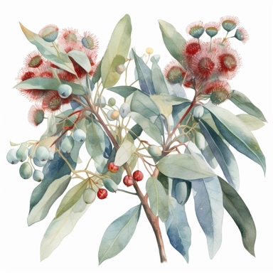 watercolor clipart eucalyptus branche,with green blue foliages,very big red gum blossoms,high resolution,high detailed,no text