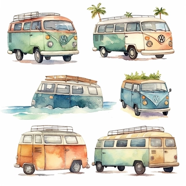 Beautiful and cozy Van, Hippie's Van, Beach and Sea, 9 High Clipart JPGs, cute design in Michael Powell style, Watercolor Art