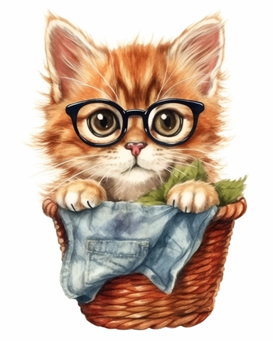 detailed watercolor Kitten in basket with eyeglasses , realistic, isolated on a white background, clipart