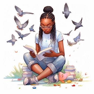 Watercolour Black teenage girl eating ice creamClipart, braids, busy park, surrounded by butterflies, pigeons, Girl Studying Clipart, Book Lover , Student Clipart, Reading Png,Bookworm, hd, white background, spaced out, pastel colors, cartoon realism