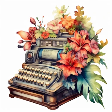 a watercolor enchanted old and used 1900 cash register profil view, enchanted collector's item surrounded by an arrangement of a number of dramatic extravagant saturated digital multicolor 3D giant tropical flowers, in the style of large-scale photography, lush detailing, watercolor style, pastel colors, playfully intricate, made of flowers, bloomcore, clipart, transparent png background
