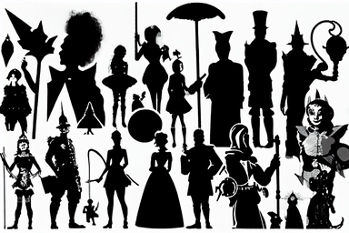 silhouettes of soldiers, priests, devils, fauns, angels, jugglers, cops, clowns, madmen. Bizarre, whimsical, random, victorian, theatrical, funny. Black and white clipart collection, white background