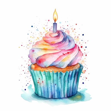 watercolored clipart Birthday cupcake with candle on top