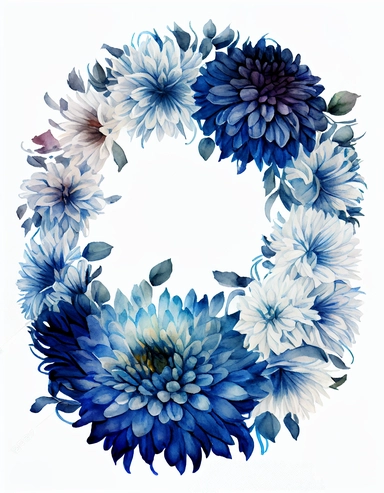 detailed vibrant watercolor round blue chrysanthemum flower wreath with very wide middle white space , isolated on white background, realistic, clipart