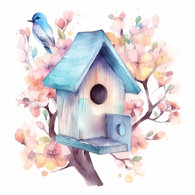 Vector clipart, isolated on white background, beautiful lovely Watercolor Spring wooden bird house hanging on the blue bloming tree, ornated, pastel and saturated colors