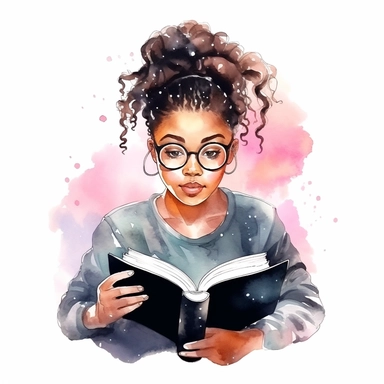 Watercolour Black Girl Reading Clipart, Girl Studying Clipart, Book Lover , Student Clipart, Reading Png,Bookworm, hd, white background, spaced out, pastel colors, cartoon realism details--ar 3:2