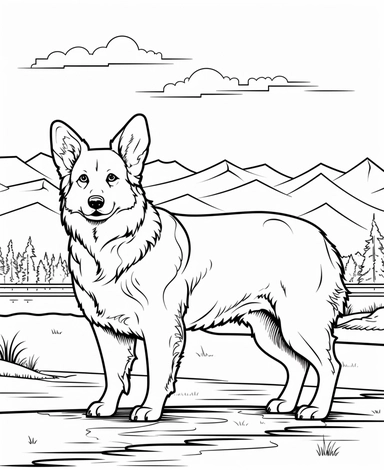 expert coloring page style of realistic of Pembroke Welsh Corgi Dog breed Clipart, simple lake background, simple line art, line is crisp and clean, easy to color