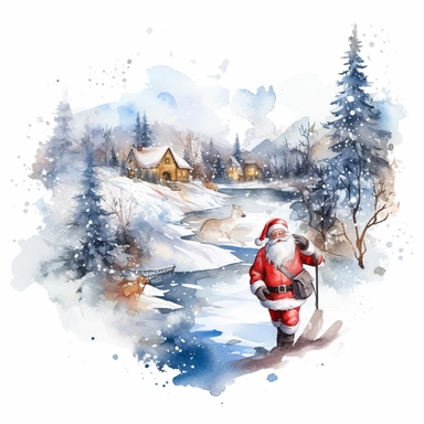 high resolution Christmas theme Watercolor Cute santa claus wearing blue Clipart Collection in beautiful winter landscape with a lot of snow and a small lake, christmas theme, detailed, isolated, white background, one pattern 8k