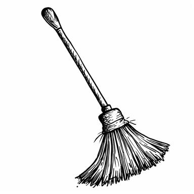 broom, sweeping tool formed by a set of dry branches tied at one end, or by a stick or cane that has a thick brush attached to one of its ends, simple, all black and white for coloring book, isolated, line art, printable outline art, digital art, clip art, only outerlines, black lines,