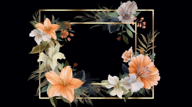 a simple gorgeous aesthetic vintage gold diamond-shape picture frame with minimal flowers border around outside the frame on soft black background clipart, watercolor painting realistic, high quality, vibrant, Vicente Romero Redondo, Willem van Aelst