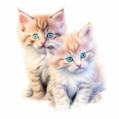 2 fuzzy kittens color pencil sketch on a white background for clipart