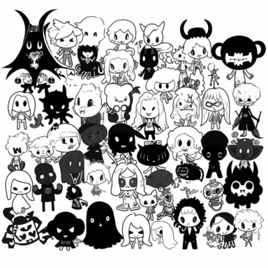 a set of black line clipart inspired by ramen and mutants and killer puppets and Funko Pop toys
