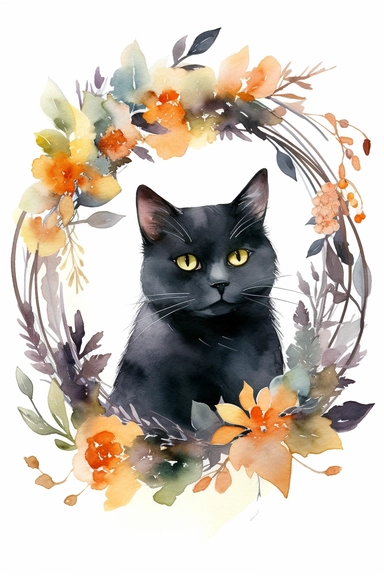 Halloween clipart, black cat Delicate watercolor illustration, White background, Cozy, clear picture, 8k, hd, isolatee on a white background, Wreath, Frame Clip Art