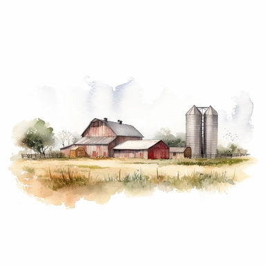watercolor highly detailed and realistic rustic farm field, clipart, white background