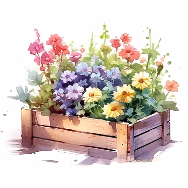Clipart, a watercolor painting of a wooden flower box filled with beautiful flowers and plants, in the style of yanjun cheng, colorful animations, rough clusters, clean and simple designs, leica cl, warm color palettes, colorful washes, white background