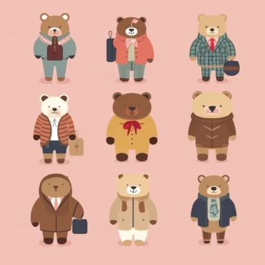 A modern, simplistic illustration showing a cute Teddy Bear with fashionistic human outfits in Cliparts. The illustration should be in a playful flat design style. Make sure there is no use of shading, tone or texture. The illustration should have a simplified, streamlined appearance. The illustration should be well-suited for use in digital or print media, such as infographics.