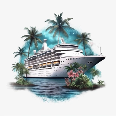 fantasy cruise ship in the moonlight, paradise island digital clipart on white background