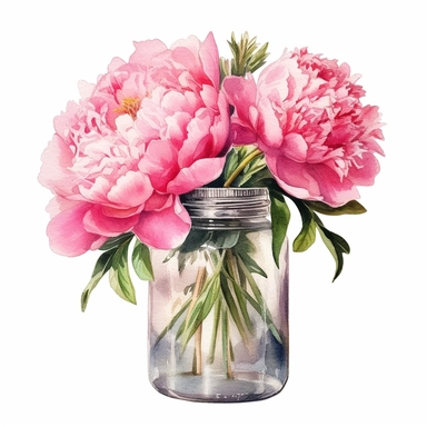 a watercolor painting of pink peonies in a jar, in the style of nostalgic illustration, graceful, illustration, transparent layers, elegant, emotive faces Sublimation Clipart,hyper realistic, intricate detail, illustration style,high solution,on the white background