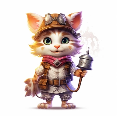 Adorable cute fantasy baby cat dressed like alchemist standing in dynamic pose,front view,fullbody,sharp through out,happy expression, nursery art, clipart image, lineart image, white background, very detailed, 8k, composition wide shot