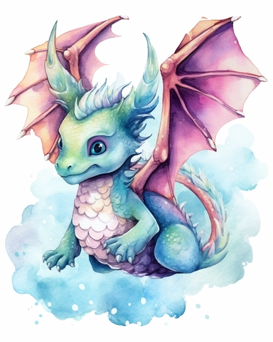 watercolor baby dragon flying clipart multicolor high detail