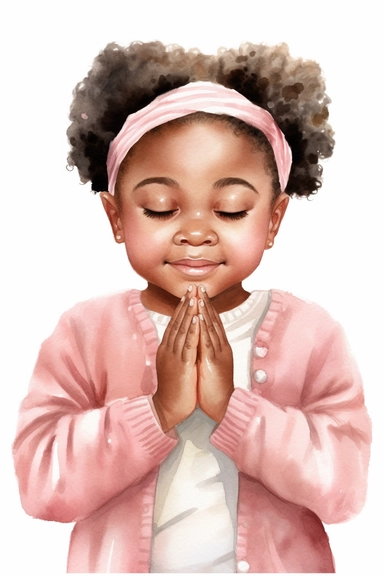 Watercolor happy cute beautiful brown skin african American baby girl praying wearing pink pajamas, clipart, isolated, white background, spaced out--q 2