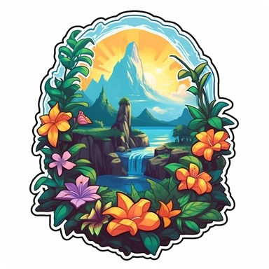 a sticker, artwork of t shirt graphic of majestic forest, random animal, in digital painting style , beautiful flowers, sunset mountains and clouds , big vines, stone temple covered in vines, white background, colorful fantasy flower sorround, highly detailed clean, vector image, photorealistic masterpiece, professional photography, realistic, flat white background, isometric, vibrant vector, clipart, illustration, realism, 4k, , cinematic, front view, white background, paradise, extremely white