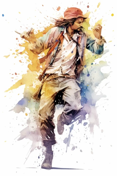Clipart style, full-body figure of Jack Sparrow fighting, disney cartoon characters, low detailed, aquarel painting style, volume and bright colors, white background