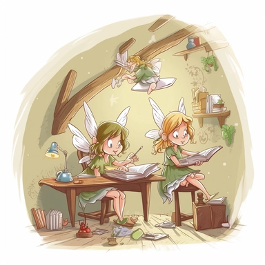 fairies making there homework in there room, detailed face, clipart style