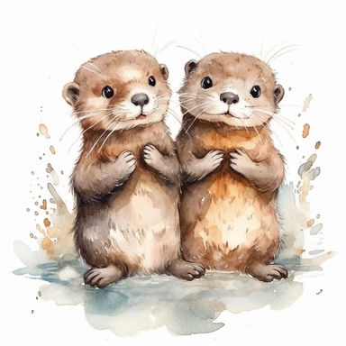 Cute adorable baby otter holding hands with its sibling, drawn with watercolors, childbook illustration style, clipart with white background