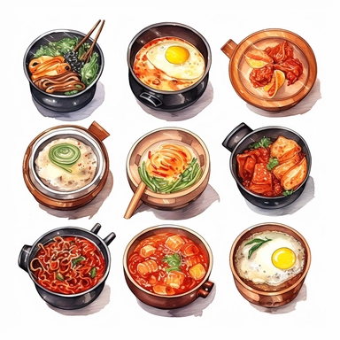 Kimchi, Korean fried chicken, Tokpokki, Ramyeon, Jajangmyeon, Kimbap, Bibimbab, Shabu Shabu, Sundubu jigae, Ginseng chicken soup, korean food, white background, clipart, Object, vector collection, 8k, watercolor