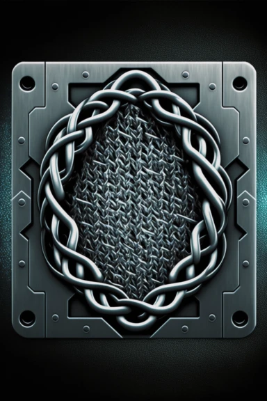 grungy metallic Flat coloured card design of a symmetric thick silver chain link icon cardback , cartoony clipart card design, Logo, glowing Gundam visor magic spell icon, little-flat Graphic Design , grey metal grid background