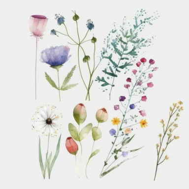 very simple and minimalistic wild flowers clipart, watercolor wild flowers, individual, white background