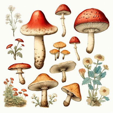 Clipart, vintage, watercolor, Charles Darwin, fungi, chromista, plantae, morfologia floral, hand drawn, texture