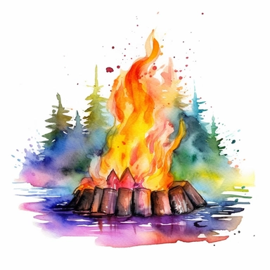 watercolor colorful clipart of a joyful summer campfire, hd, on white background