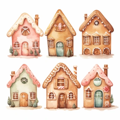 very simple watercolour childrens book style drawing of different cute gingerbread houses, pastel colours soft on white background for clipart, 8k