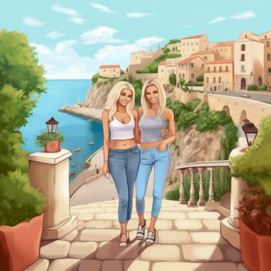 panoramic view, full view, landscape, two beautiful older middle-aged female best friends, one with long blonde hair and one with short blonde hair, age appropriate attire, same height, posing, smiling, beautiful faces, along a cobblestone walkway in a beautiful mediterranean town with view of beautiful blue water, cascading bougavanelia, beautiful summer day, illustration clipart, photo realistic, romantic, fantasy, ethereal, sharp focus, high detail,