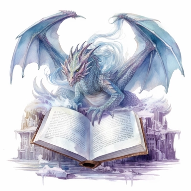Solid white background, Detailed watercolor open ancient wizard magic book with a Ice dragon climbing out of the book's pages, clipart. The lauguage on the books pages is ancient sumarian.